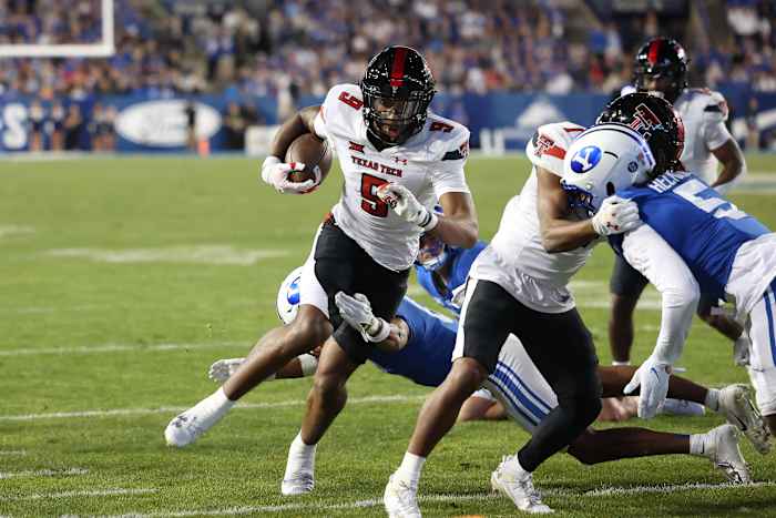 Oct 21, 2023; Provo, Utah, USA; Texas Tech Red Raiders wide receiver Jerand Bradley (9) runs after a catch against the Brigham Young Cougars in the second half at LaVell Edwards Stadium.